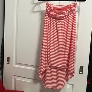 Strapless striped coral and white high low dress